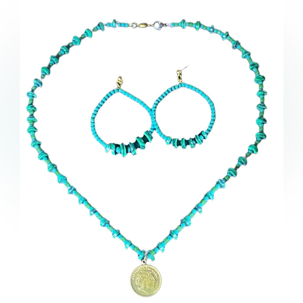 Handmade Malachite Alexander the Great Coin Necklace + earring set